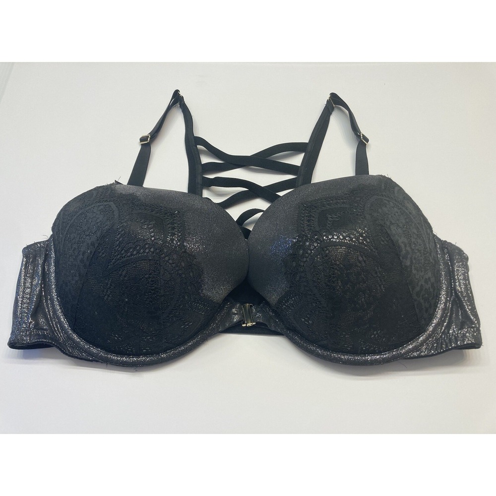 Cacique Boost Plunge Bra‎ Womens 46D Black Metallic Lace Lattice Back Lingerie